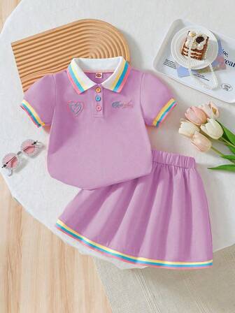 2pcs Young Girl Set, Cute Embroidered Collar Blouse + Casual Patchwork Skirt
