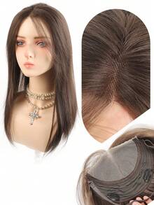 合成天然假发直发假发手工钩编蕾丝发片黑棕色假发增厚发质遮盖白发 - 彩色 - 查看 13