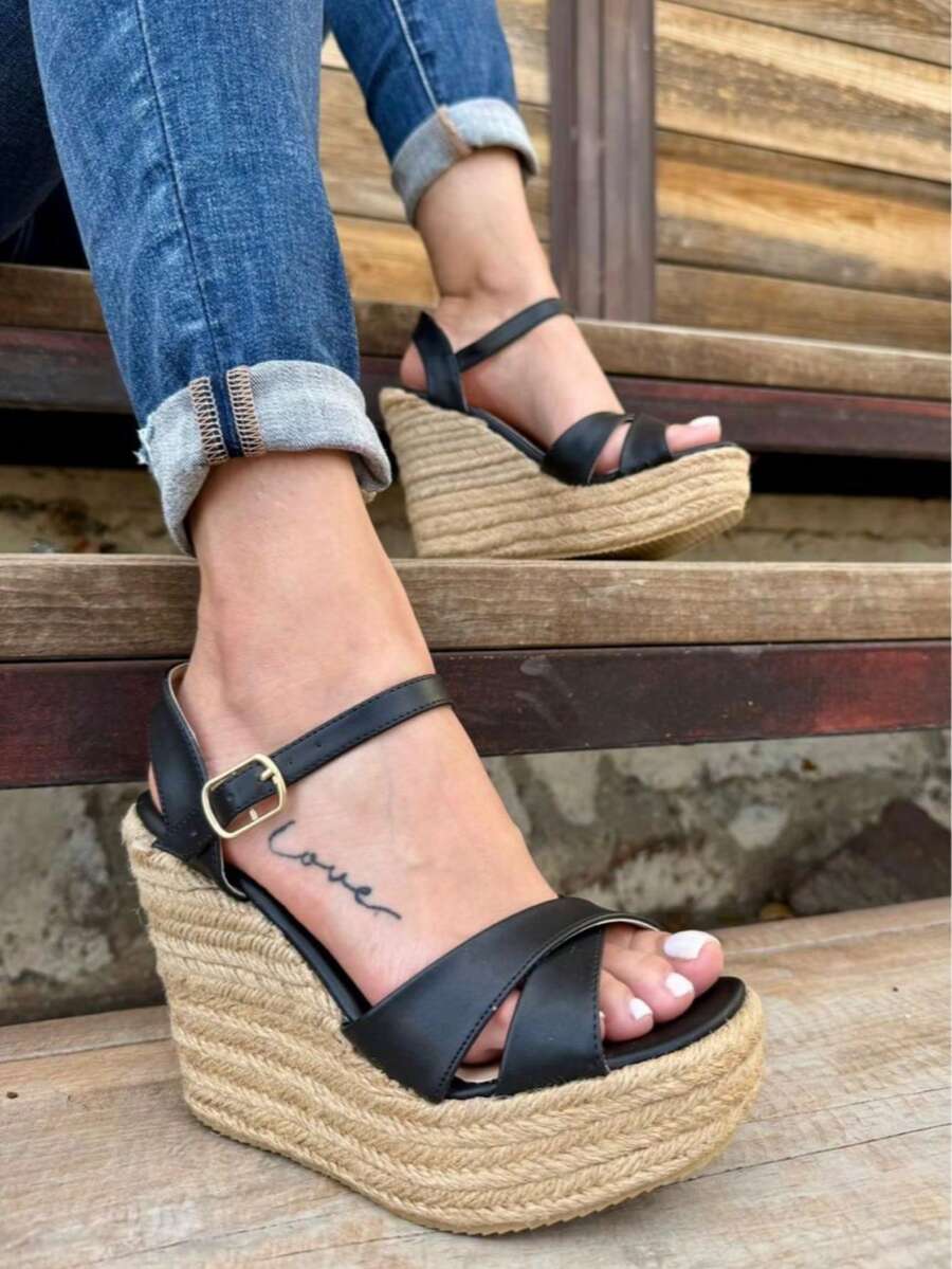 Alpargatas  de mujer sandalias cuñas con plataforma  sandalias casuales abiertas de moda suela antideslizante plantilla acojinada primavera verano otoño invierno  sandalias casuales de fiesta cumpleaños boda disfraz trabajo moda  Woman shoes    Liso  Bohemio  Elegante    Hebilla - Negro - Ver 1