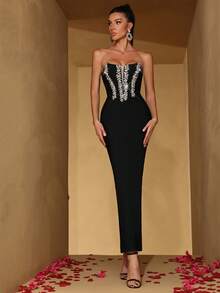 FEELAIR New Sexy Women's Black Strapless Sleeveless Dress With Heavy-Duty Rhinestone Design, Backless Bandage Long Dress, Elegant For Ladies Events, Weddings, Parties, Formal Evenings, For Wedding Guest - Black - View 3