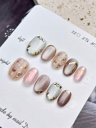 10 piezas de uñas postizas ovaladas cortas con estilo francés, elegante diseño de ojo de gato azul ondulado con acentos florales tallados a mano en 3D y centros dorados, 100% acrílico hecho a mano para uso diario o fiesta, suministros de uñas reutilizables para mujeres