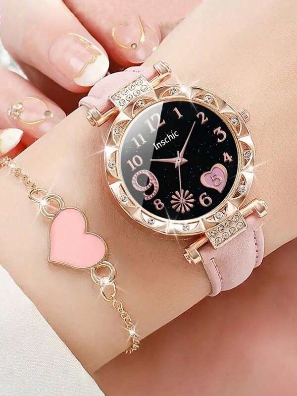 2 Peças Relógio de Quartzo Feminino Elegante e da Moda com Padrão de Fogo de Artifício e Amor, Pulseira Amor, Adequado para Festas Femininas, Presentes de Aniversário ou o Melhor Presente para Irmãs, Temporada de Formatura, Dia das Mães, Presente de Ação de Graças