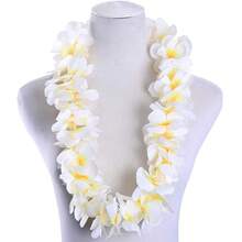 4 PCS Hawaiian Lei Set, White Luau Wreath Garland Hawaii Leis Flower Headpiece Necklace Bracelet Birthday Holiday Party Favor - Multicolor - View 11