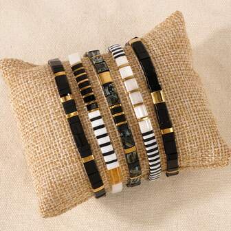 1 pieza Pulsera de cuentas TILA de estilo bohemio vintage en blanco y negro con diseño elástico minimalista de alta gama, pulsera TILA apilable, pulsera de cuentas TILA de bloques de color, pulsera para parejas, pulsera para mejores amigas, pulsera para mujer, blanco estratificado, opción de regalo de lujo ligero de moda diaria, regalo de cumpleaños, regalo familiar, regalo de pareja, regalo de mujer, el mejor regalo
