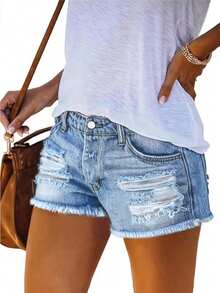 Distressed Ripped Loose Denim Shorts, Summer Casual Holiday Vibes - 中等水洗藍 - 查看 2
