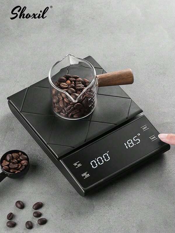 shoxil 1 قطعة مقياس قهوة رقمي مزود بمؤقت، دقة 3كجم/0.1جرام مع شاشة LCD، قابل للشحن عبر USB والتشغيل ببطاريات، مقياس إلكتروني للقهوة المصبوبة والشاي والمجوهرات (البطاريات غير مشمولة)