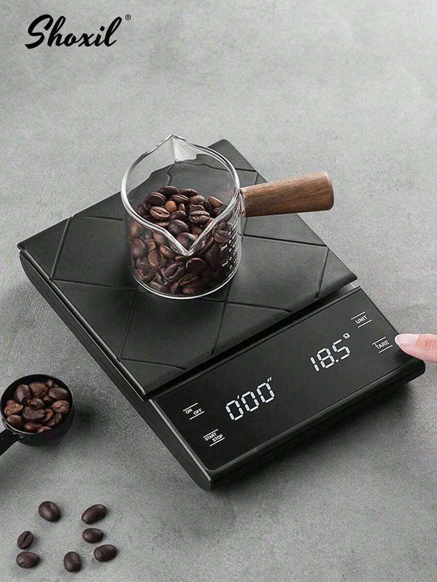 shoxil 1个带定时器的电子咖啡秤，3公斤/0.1克高精度意式浓缩咖啡秤，带液晶显示屏，USB充电和电池供电厨房秤，电子秤，适用于手冲咖啡、茶、珠宝（不含电池） - 電子秤 - 查看 1