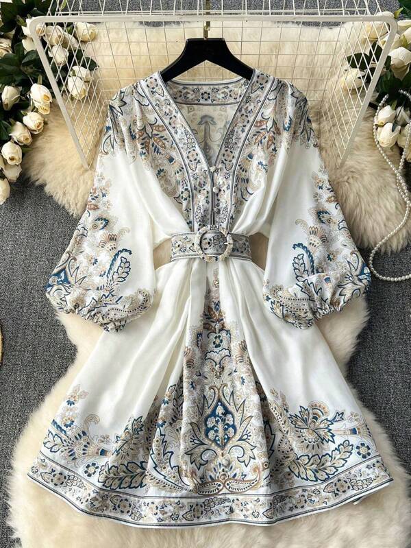 Vestido curto feminino com estampa French Court Storm West Asia, primavera e verão, elegante, vestido curto