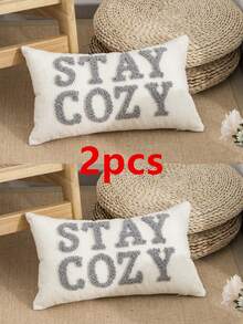 STAYCOZY 标语抱枕套（1个/2个），雪尼尔面料，北欧风格刺绣毛绒靠垫套，适用于沙滩椅、客厅、花园沙发、度假房间装饰，四季皆宜，尺寸：30*50厘米，45*45厘米（不含枕芯） - 灰色 - 查看 16