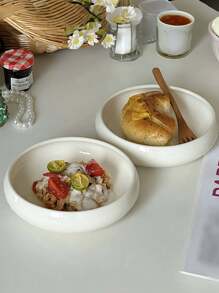 1 pieza Plato de cerámica blanco, lindo plato para servir pasta/ensalada/postre, de apariencia de alta gama para uso en el hogar, restaurante, cafetería y panadería