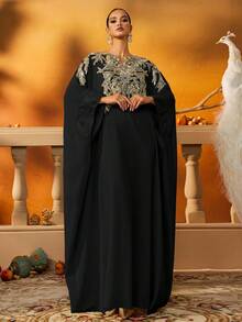 Rochie Kaftan musulmană neagră brodată cu detalii cu mărgele aurii, rochie Abaya modestă cu mânecă lungă pentru femei, Jalabiya formală pentru Eid, nuntă și evenimente de Ramadan - Negru - Vizualizare 3
