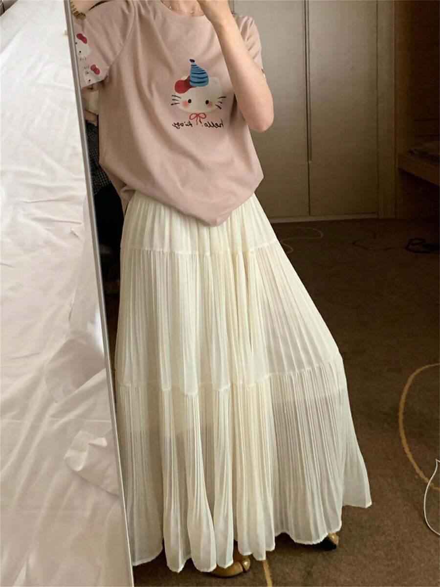 Women's Pleated Flowy Maxi Skirt - Summer A-Line Beach Skirt With Elastic Waist For Vacations/Resort Wear/Street Style, Lightweight Wrinkle-Resistant Lounge Skirt In Solid Colors - 米色 - 查看 1