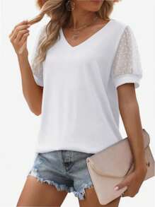 VERACT Camiseta casual de mujer de cuello en V, manga corta, con motivo de lunares suaves de tul.