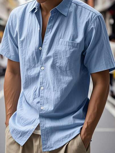 Camicia casual e sciolta in stile hawaiano, di lino, con colletto henley e maniche corte