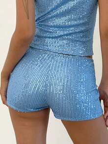 Women's Summer Low Rise Shorts Elastic Waistband Streetwear Sequins Hot Shorts - 藍色 - 查看 5