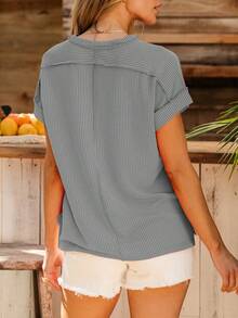 Acelitt 夏季休闲纯色宽松针织纹理条纹圆领短袖T恤 - 淺灰色 - 查看 2