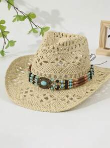 1 Peça Chapéu de Palha de Verão Feminino com Decoração de Zircônia Oca e Respirável, Chapéu de Cowboy de Sol Unissex na Moda e Personalizado, Adequado para Praia, Férias, Proteção Solar Diária, Ótima Ideia de Presente para o Dia dos Pais