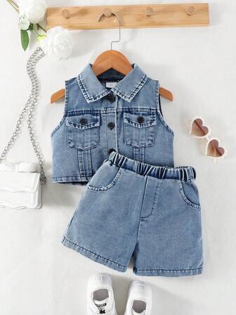 两件套时尚少女牛仔上衣（带胸袋）和休闲牛仔短裤，适合日常、通勤、旅行和上学穿着。