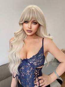 1-Piece Synthetic Heat Resistant Long Curly Wavy Hair With Bangs Wig Golden 28 Inch Fully Machine Woven Daily Natural Realistic Wig