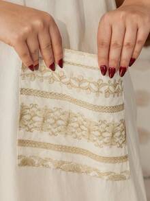 2026 New Style Ramadan Traditional Elegant Embroidered Gold Floral Dress, V-Neck Asymmetric Patchwork Creative Pocket, For Spring/Summer, Eid Al Adha - Apricot - View 5