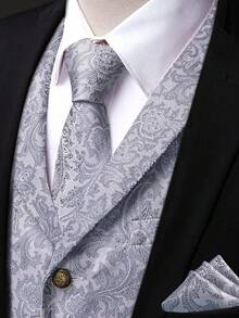 Men's Jacquard Vest Suit Set (Includes Tie, Cuff, Handkerchief)- Elegant Tuxedo Waistcoat For Weddings, Homecoming, Cruise & Formal Events | Dress Vest Jacket With Jacquard Pattern - Silver - View 4