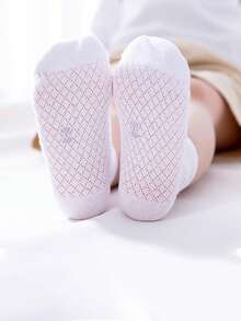 5 Pairs Kids White Checkered Mesh Mid-Calf Socks, Suitable For Back To School Wear - Multicolor - View 5