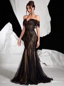 优雅露背亮片吊带美人鱼舞会礼服，正式场合，派对礼服，晚礼服，适合晚宴、婚礼宾客，春季黑色 - 黑色 - 查看 5