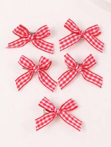 5pcs Gingham Bow Small Hair Clips, Fresh Style Mini Duck Clips For Girls - Red - View 1