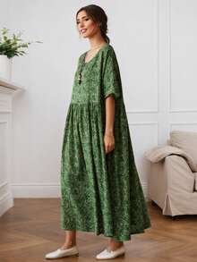 2026春节新款夏季圆领短袖印花连衣裙，波西米亚休闲度假连衣裙，女士大码日常穿着，优雅妈妈连衣裙