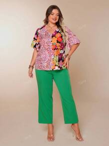Plus Size Women's Cute Button Ruffle Short Sleeve Colorblocked Floral Print V-Neck Elegant Blouse For Summer