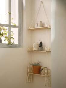 1 pièce d'étagère murale de style bohème tressée à la main - étagère murale flottante en bois avec perles en bois, convient pour la décoration de style ferme, étagère suspendue vintage pour la chambre, le salon, la chambre d'enfant, pour tenir des plantes en pot, vases, cristaux, quartz, décorations