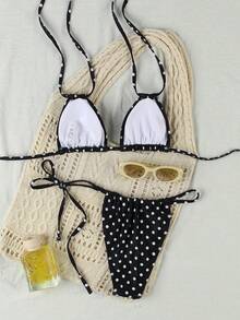 新款欧美性感休闲波点印花女士夏季海滩度假派对挂脖比基尼套装 - 彩色 - 查看 4