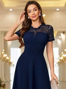 MIUSOL Contrast Lace Sleeve Prom Party A-Line Dress