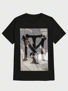 Para hombre,Camisa de algodón con estampado de "" y imagen de un personaje con un gran letrero "M",Camiseta casual de cuello redondo y manga corta con estampado,adecuada para uso diario en primavera y verano,unisex - Negro - Ver 1