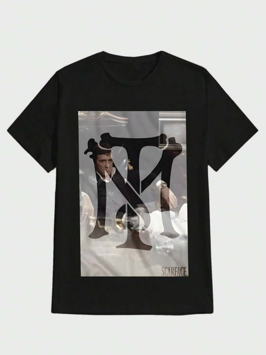 Para hombre,Camisa de algodón con estampado de "" y imagen de un personaje con un gran letrero "M",Camiseta casual de cuello redondo y manga corta con estampado,adecuada para uso diario en primavera y verano,unisex - Negro - Ver 1