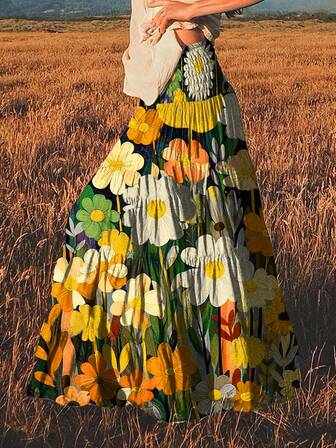 Falda con estampado floral y cintura con volantes para mujer de talla grande, adecuada para fiestas de Año Nuevo, primavera/verano/otoño