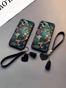 1 pieza Funda de teléfono reforzada con diseño pintado de animal y borde recto perforado, que incluye cordón decorativo con forma de corazón, dije DIY y muñequera corta