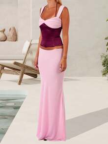 Women 2-Piece Summer Outfits Contrast Colors Tie Up Back Ruched Tank Tops And Long Skirt Set For Streetwear - 粉色 - 查看 3