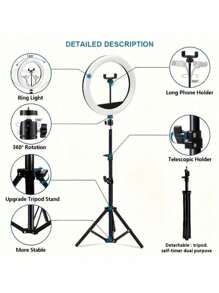 Aro de luz de 10 pulgadas con trípode ajustable, luz anular LED para selfies para transmisión en vivo, iluminación de fotografía compatible con iPhone 15/14/13/12/11 Pro Max, Galaxy S24/S23/S22/S21/S20 FE Ultra Plus y la mayoría de teléfonos inteligentes, adecuado para fotografía, grabación de video, transmisión en vivo, reuniones de Zoom, con soporte de luz para selfies
