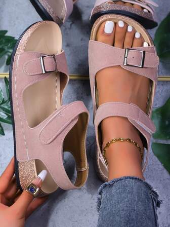 Women's Thick Sole Hook & Loop Criss-Cross Strap Solid Color Bohemian Open Toe Platform Wedge Sandals, Versatile For Beach, Wedding, Party, Office, Casual Wear, Soft And Comfortable Sole, Summer Fashion