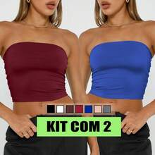 Kit 2 Basic Tube Cropped Top For Women, Strapless, Double Fabric, Without Pads - Rượu và Xanh - Xem 1