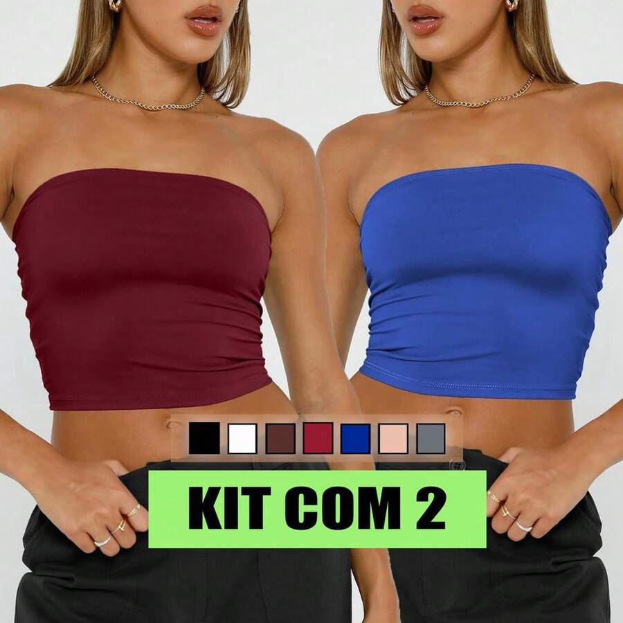 Kit 2 Basic Tube Cropped Top For Women, Strapless, Double Fabric, Without Pads - Rượu và Xanh - Xem 1