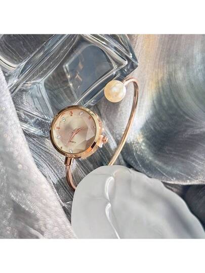 1pc Delicate Bracelet Horloge Large Pearl, Diamond Cut Glass Dial, Minimalist Quartz view 5