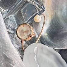 1 pièce Montre-bracelet fine et délicate pour femme avec 1 grande perle, cadran en verre taillé en diamant, montre à quartz minimaliste