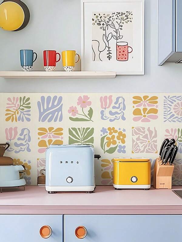 7.87x7.87in-10pcs Macaron Matisse Vinyl Wall Tiles Sticker For Home Decor, Self-Adhesive Peel And Stick Backsplash Tile Decals For Kitchen Bathroom ,Easy Removable Friendly For Renter