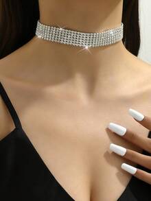 1 Piece Shiny Rhinestone Multi-Layer Necklace, EDM Elements Party Short Necklace - Silver - View 2