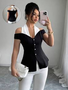 Conjunto elegante de oficina para mujer Elenzga, blusa halter de hombros descubiertos en negro y blanco, adecuada para el verano - Negro - Ver 1