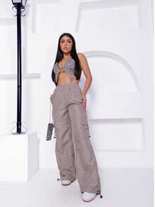Parachute Tactel Cargo Pants With Adjustable Drawstring Hem With Pockets Elegant Polyester Drawstring Pocket Women Fashion Daily Evening Holiday Birthday Party Fall Winter - كاكي - مشاهدة 4