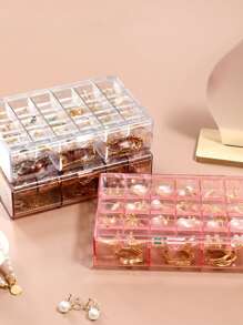 1pc Minimalist Transparent Amber Jewelry Organizer Box, Large Capacity Earrings Necklace Storage Box With Compartments, Portable Double Layer Jewelry Display Case For Women Storage Organizer Travel Essentials Back To School Dormitory Storage