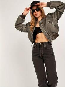 全新简约优雅经典时尚棒球夹克女式皮大衣 - 黑與白 - 查看 4